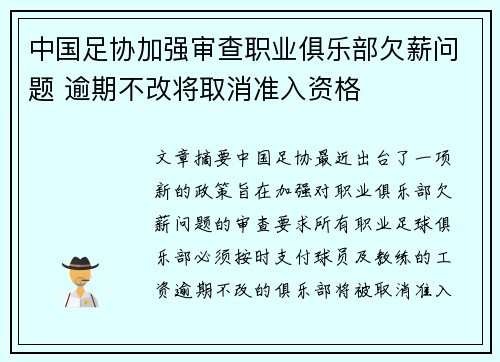 中国足协加强审查职业俱乐部欠薪问题 逾期不改将取消准入资格
