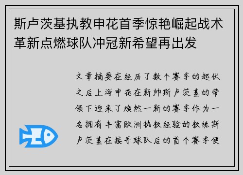 斯卢茨基执教申花首季惊艳崛起战术革新点燃球队冲冠新希望再出发